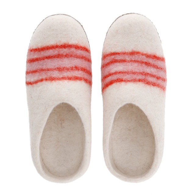ネパール フェルト雑貨 ぽかぽかルームシューズ （ピンクボーダー) S/M/L
