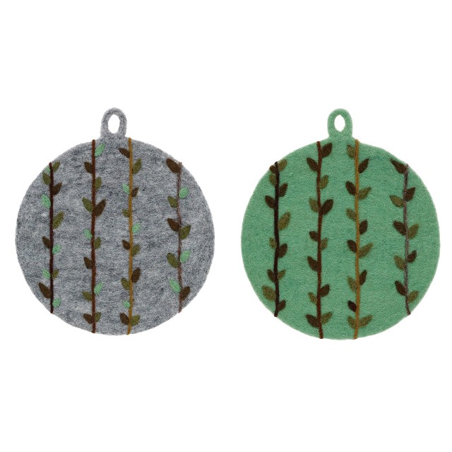 ネパール フェルト雑貨 キッチンリーフ 鍋 グレー/グリーン