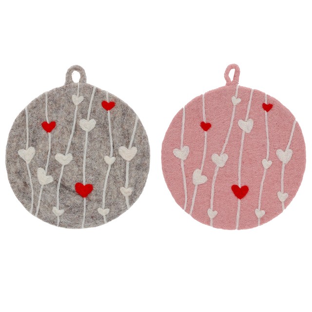 ネパール フェルト雑貨 キッチンハート 鍋敷き グレー/ピンク