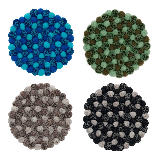ネパール フェルト雑貨 ポコポコローズ 鍋敷き ブルー/グリーン/グレー/ブラック