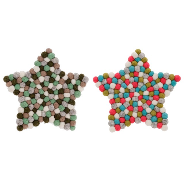 ネパール フェルト雑貨 ポコポコスター 鍋敷き グリーン/ピンク