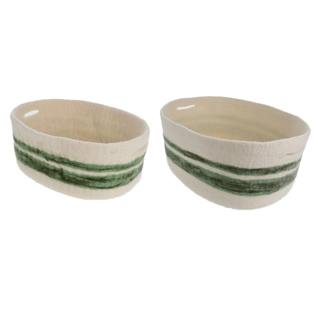 ネパール フェルト雑貨 ボーダーバスケット（グリーン） S/M