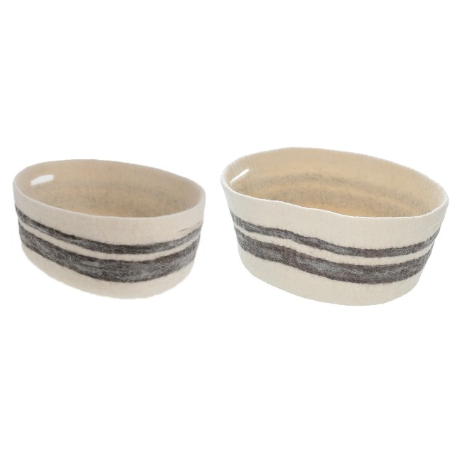 ネパール フェルト雑貨 ボーダーバスケット（グレー） S/M